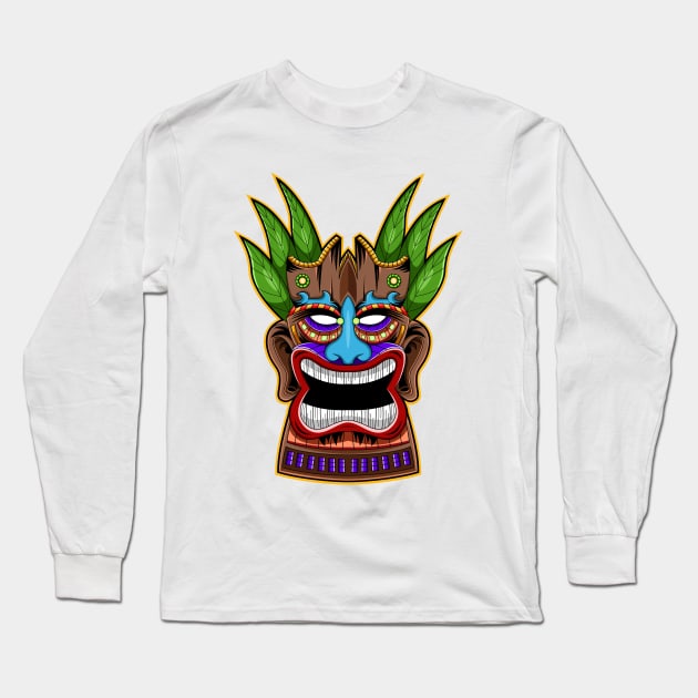 Tiki Mask Green Hair Long Sleeve T-Shirt by Mako Design 